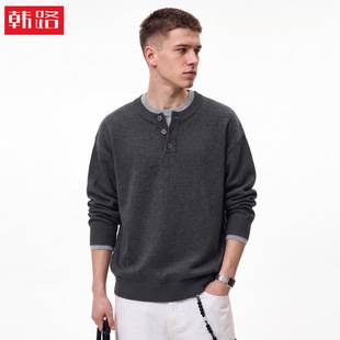 Han Lu | Men's autumn Japanese-style retro loose casual pullover sweater with a two-tone Henley collar
