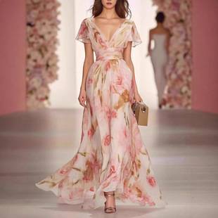 2025 European and American New High-Waist Printed French Short-Sleeved Dress Holiday Evening Dress Gentle Style Sweet and Fresh