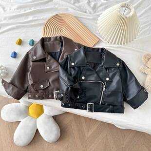 Girls' Korean-Style Leather Jacket, New Spring and Autumn Motorcycle Short Jacket, Fashionable Children's Leather Coat, Baby Jacket 2601
