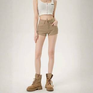 Plus-Size Hot Girl High-Waisted Double-Button Hip-Enhancing Denim Shorts for Women, 2026 Summer New Style, Khaki Color, Slimming and Hip-Flattering Hot Pants
