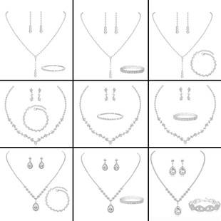 Bridesmaid Prom Costume Rhinestone Jewelry suit Bride Wedding Metallic Zircon Water Drop Wave Necklace Earrings Bracelet