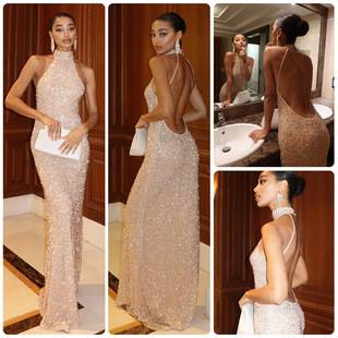 European and American Cross-Border 2026 New Foreign Trade Model Champagne-Colored Halter Neck Sequin Sparkling Beaded Elegant Evening Dress