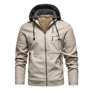 2026 Youth Men's Leather Jacket Autumn/Winter Men's Fleece-Lined Thickened Hooded Zipper Leather Jacket with Stand Collar Men's Coat Style