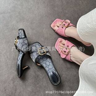 C Brand Foreign Trade French-Style Comfortable Thin-Heeled High-Heeled Sandals, New Model 26, Summer Outdoor Fashion Square-Toe Slip-On Sandals