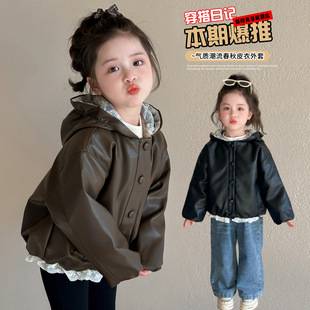 Girls' Leather Spring and Autumn Jacket 2026 New Korean Style Lace Jacket for Children, Baby Girl Jacket with Hood