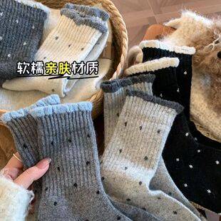 Autumn and Winter Polka Dot Socks for Women, Mid-Calf Cotton Socks, Korean Style Ins Trendy Versatile Lace Socks, Warm Slouch Socks, Zhuji Socks