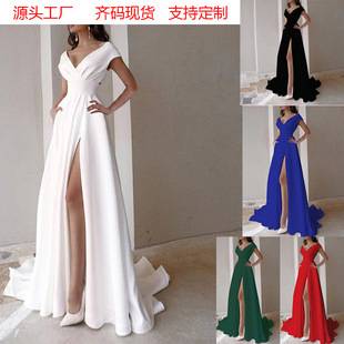 2026 Cross-Border Ruffled Red, Black, and White Mid-Waist Solid Color Elegant Commuter Long Dress Evening Gown