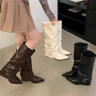 Soft Leather Pointed Toe Pants Boots for Women, Pleated Pile Boots, Thick Heel Punk Style Knight Boots, Street Hot Girl High Heel Boots