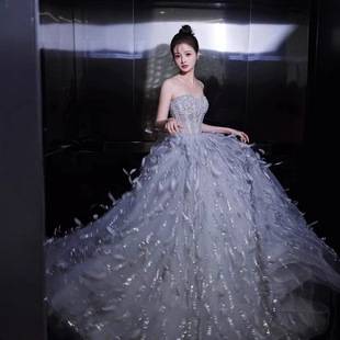 Princess on the Run Ball Gown Super Fairy-Like Feather Elegant Autumn and Winter Piano Vocal Performance Dress
