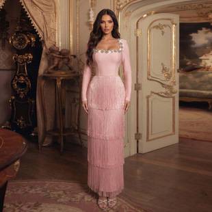 European and American Style Tassel-Studded Sexy Long-Sleeve Bodycon Dress, Elegant Bandage Dress for Ladies, Evening Gown