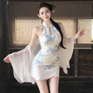 New Chinese Style Cool Printed Sleeveless Improved Cheongsam Dress, Feminine Lady Retro Super Fairy Hip-Hugging Short Skirt