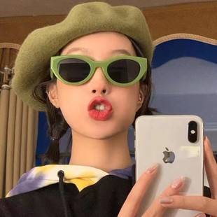 Korean Style Green Frame Sunglasses Women's High-end Cat's Eye Sunglasses Retro Trendy Internet-popular Big Face Slimming Sunscreen Travel Glasses