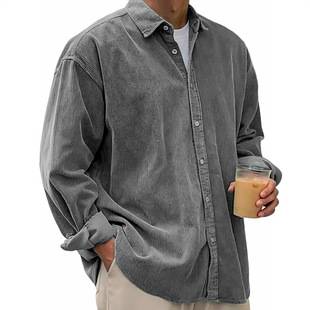 2025 European and American Men's Casual Loose Solid Color Corduroy Lapel Shirt Cross-Border Independent Site Wish Amazon