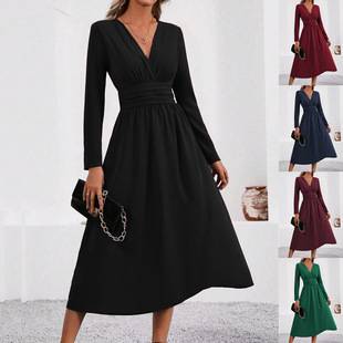 Ladies Autumn and Winter Solid Color Overlapping V Neck Long Sleeve Waist Pleated Long Elegant Dress, Women's Long Dress