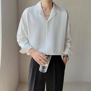Cuban Collar Apricot Shirt Men's Long-Sleeved Light and Sophisticated High-End Ice Silk Handsome Lazy Style No-Iron Draped White Shirt