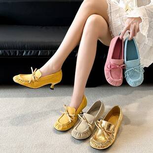 [in Stock] French-Style High-Heeled Leather Shoes with Soft Soles That Are Comfortable, Bow-Knot Loafers, Round-Toe Single Shoes