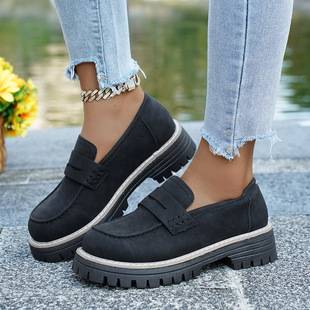 Cross-border 2026 new large-size women's shoes, spring and autumn loafers, casual frosted British style women's shoes with chunky heels, in stock on WISH