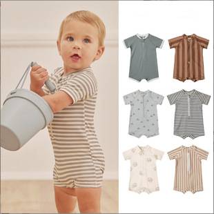 26 Boys' Summer Swimwear, Infant and Toddler Beach Sun Protection Clothing, Short-Sleeved Quick-Drying Printed One-Piece Swimsuit for Boys and Girls