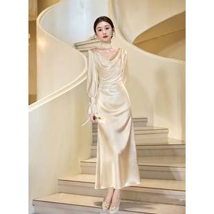 French-Style High-End Light Luxury Niche Light Gown for Annual Party, Birthday, Engagement, Light Gold Bridal Toast Dress, Morning Robe