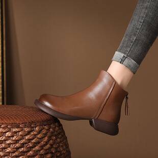 [Four Seasons Explosions] Short Barrel Martin Boots Women's 2024 New Rear Zipper Flat Soft Short Boots Women's Leather Boots