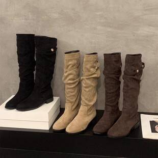 Suede slim-fit boots in khaki color, stacked riding boots for women, 2026 new autumn and winter slim high-tube chunky heel long boots