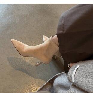 Pointed Toe High Heels for Women 2025 New Autumn and Winter Stiletto Suede Short Boots Fleece-Lined Small Elastic Slim Boots