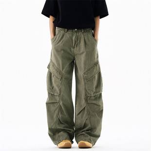 Vintage High Street Distressed Washed Cargo Pants for Men with Trendy Pleated Design, Large Pockets, Loose Wide-Leg Pants