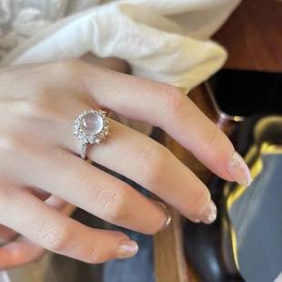 New Chinese Style White Chalcedony Egg Face Ring Women's Niche Design Sense Light Luxury High Sense Finger Ring Adjustable Tide Ring