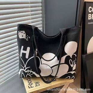 Cross-Border Mickey Cartoon Fashion Printed Tote Bag, Simple Handbag, Large Capacity Portable Commuter Canvas Shoulder Bag