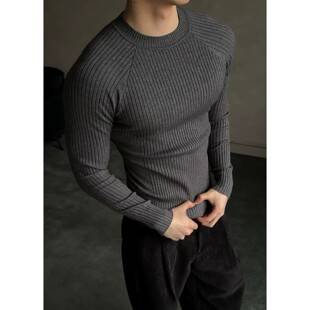 American-style textured ribbed knit sweater for men, autumn, muscle-enhancing, athletic, fitness, long-sleeved, slim-fit, inner layer, base shirt
