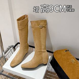 9cm inner height-increasing Korean-style belt buckle long boots for women, 2026 autumn/winter new collection, square-toe retro style, slimming effect, riding boots