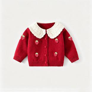 Girls' Sweater Spring New Style Baby Girl Knitted Cardigan Coat Children's Spring and Autumn Red One-Year-Old Children's Clothing