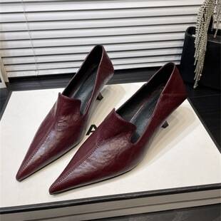 Ankela Red Stiletto Heel Deep-Cut Pointed-Toe Professional Commuting Shoes for Women 2025 New Model Burgundy Soft Leather High-Heeled Leather Shoes