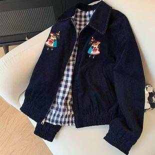 Patchwork Plaid Embroidered Corduroy Lapel Jacket for Women 2025 Spring New Vintage Casual Versatile Short Jacket