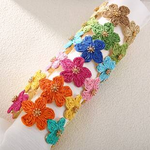 Cross-Border Hot-Selling Raffia Flower Bracelet with Metallic Feel, Personalized Design, Handmade Open Bracelet, Spring and Summer Bracelet
