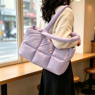 Cross-Border Korean-Style down Bag, Versatile Women's Bag, Simple Cotton-Filled Space Bag, Tote Bag, Soft Checkered Underarm Shoulder Bag