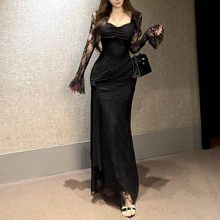 Pure Desire French Lace Patchwork Design Long Sleeve Waist Bag Elegant Mermaid Dress Long Dress Slim Fit Trendy Wholesale