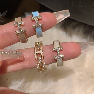 Letter H Light Luxury Enamel Micro Set Ring Women's Oil Dropping 18K Gold High-Level Open Finger Ring Unique Niche Ring