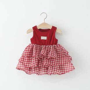 Children's Clothing, Girls' Sleeveless Dress, Stylish Baby Girl's Plaid Cake Dress, Patchwork Vest, Princess Dress