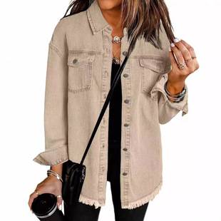 Cross-Border New Style Washed Denim Shirt Jacket for Women European and American Autumn and Winter Personalized Street Style Frayed Hem Jacket for Women