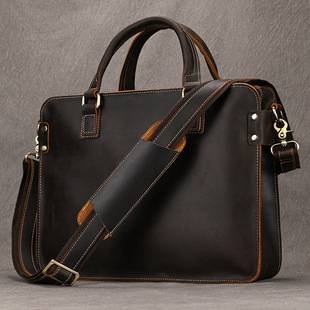 Retro Crazy Horse leather briefcase Simple Men's commuter handbag shoulder bag first layer cowhide crossbody computer bag