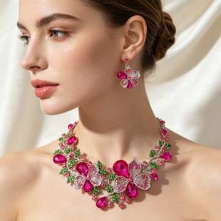Cross-border best-selling European and American fashion floral necklace and earring set with rhinestones, jewelry for dresses, bridal and party accessories for women
