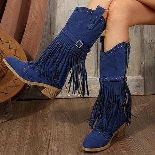 Cross-border plus size Tassel High Boots Women's Autumn and Winter 2024 New Thick Heel Rivet Fashion Motorcycle Boots Women