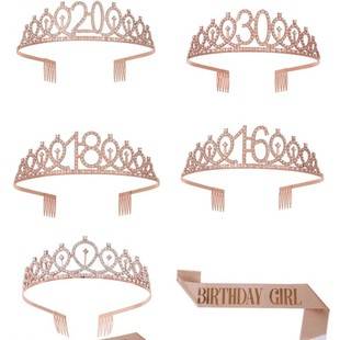 18-Year-Old Rhinestone Crown Girl Dress-Up Headband Hairband Party Birthday Tiara Shoulder Strap Set Rhinestone Birthday Party