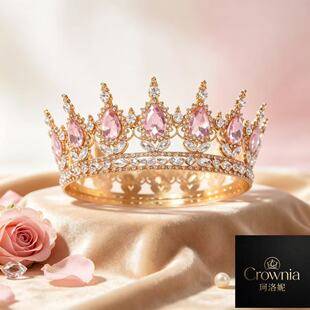Korean-style light luxury water-drop pink diamond crown bridal wedding dress styling crown adult dress party runway accessories factory
