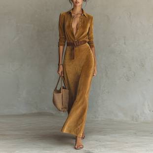 European and American Cross-Border Foreign Trade 2026 Autumn and Winter Suede Waist-Cinching Long Dress Fashionable and Elegant Shirt Dress with Belt
