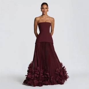 Foreign trade Amazon European and American style strapless waist-cinching long evening dress with three-dimensional petals, pleated large hem, and train