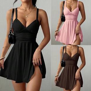 European and American cross-border women's clothing: 2026 summer sexy V-neck dress with straps, slim fit, simple design, and a high-end feel