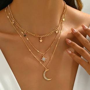 Cross-Border Five-Pointed Star Crescent Pendant Necklace Women's Fashion Diamond Multi-Layered Necklace Personalized Design Clavicle Chain