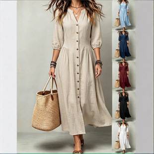 Solid Color Cotton-Linen Dress with Stand Collar, V-Neck, Single-Breasted, Three-Quarter Lantern Sleeves, Cinched Waist, and Large Hem for Casual Vacation Wear